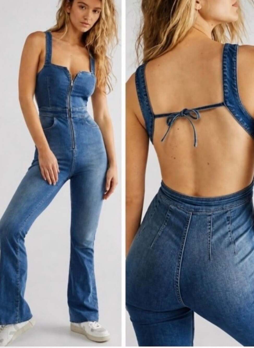 We The Free Crvy 2nd Ave Bootcut Fit Jumpsuit Size 6 Blue Denim
